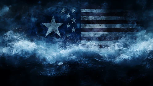 Storm-tossed ocean overlays distressed flag in moody digital art