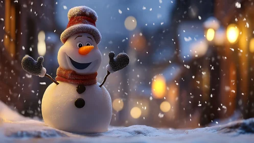 Smiling winter snowman greeting a cozy, snowy street.