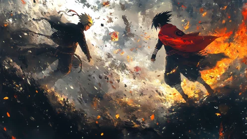 Two anime warriors clash amid eruptive fire and smoke vortex