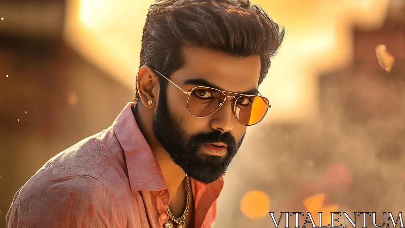 Cool bearded man in golden light with confident gaze.