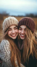 Two young women wearing knit beanies in outdoor field setting