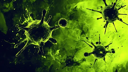 Green microscopic virus particles in abstract fluid field.