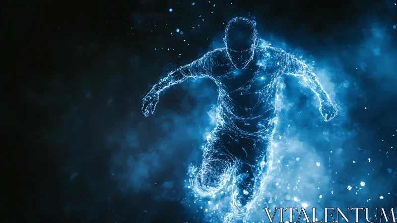 Energy-infused digital runner emerges in dynamic blue particles