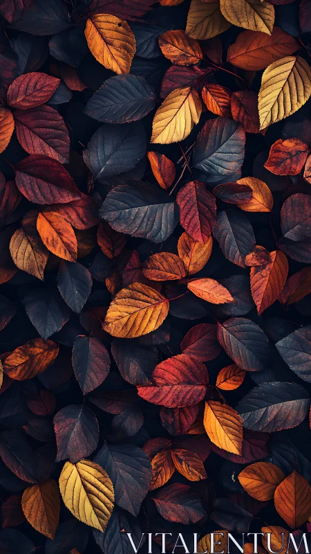 Overlapping autumn leaves in dark red, orange, and yellow tones.
