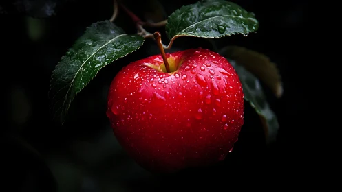Red apple with water droplets against dark background.