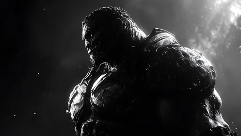 Armored alien warrior in stark monochrome side profile.