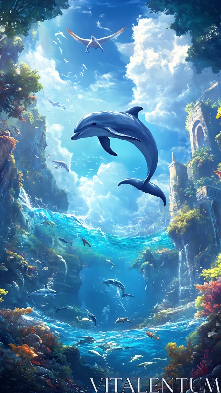 Dolphins soar through a sunlit ocean canyon of ancient ruins