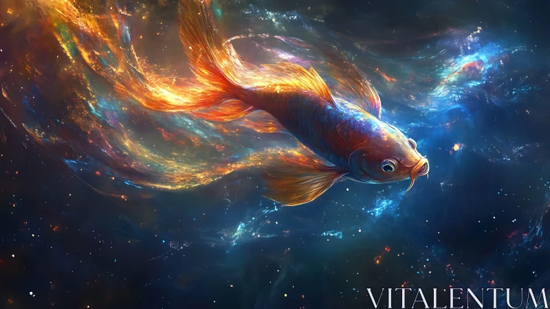 Koi fish rendered in luminous nebula-like aquatic space.