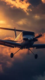 Golden-hour propeller plane glides calmly through glowing clouds