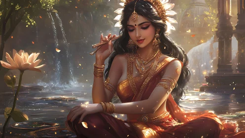 Divine river goddess in gold sari before cascading waterfalls