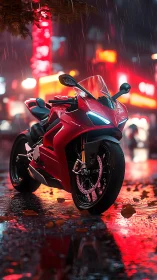 Red sport motorcycle on wet city street at night in rain.