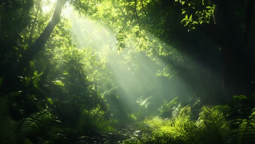Sunlit forest canopy with verdant understory vegetation.
