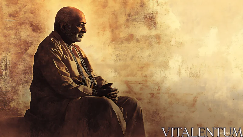 Seated elder in contemplative profile against golden haze.