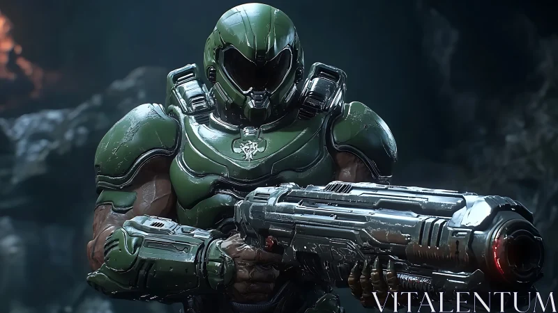 Armored sci fi soldier holding heavy plasma rifle in cavern.