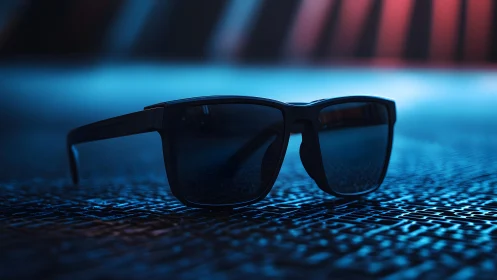 Sleek Black Sunglasses on Futuristic Blue Surface, Moody Lighting.