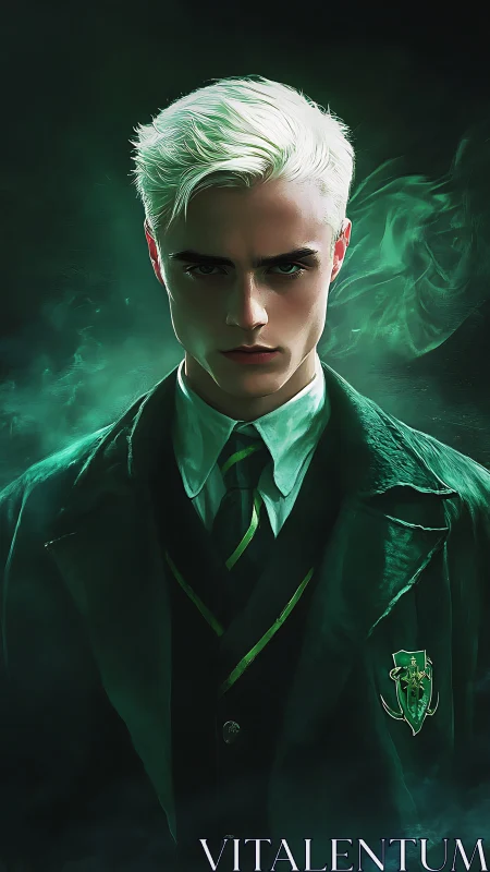 Silver-haired wizard student commands emerald smoke aura.