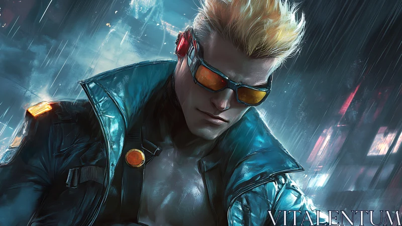 Cyberpunk vigilante stands brooding under neon city rain