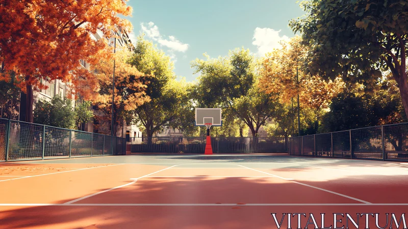 Sunlit outdoor basketball court rests under glowing autumn trees