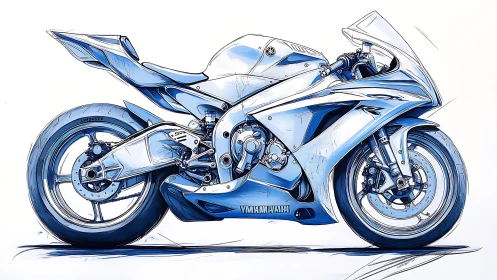 Sport bike industrial sketch with blue line engineering render.
