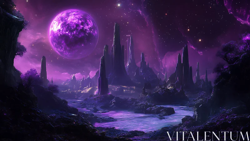 Mystic violet moonrise over luminous alien river valley.