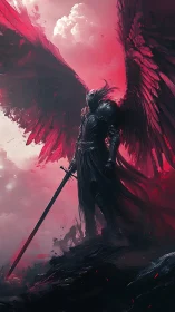 Crimson winged guardian standing watch above stormy dusk.