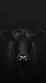 Gentle black cow emerging softly from the quiet dark.