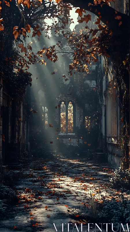 Ruined gothic corridor under autumn light shafts.