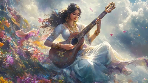 Celestial musician plays ornate guitar amid luminous clouds.