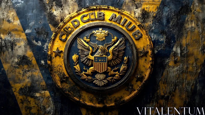 Weathered eagle emblem on circular metallic medallion wall.