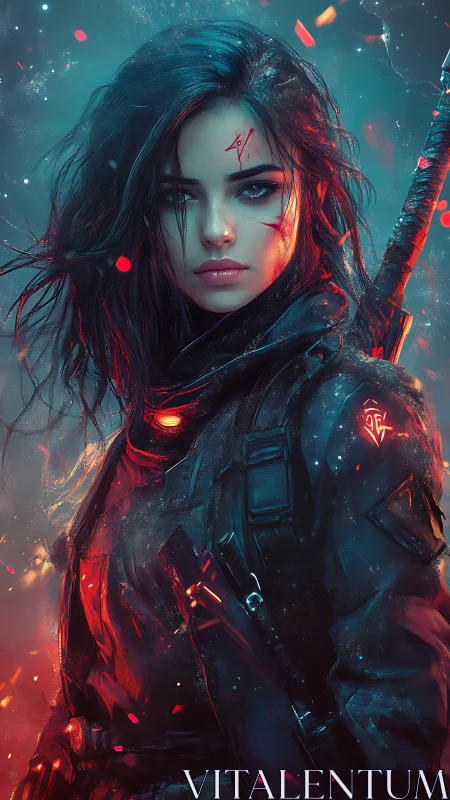 Cyberpunk warrior with glowing runes stands in embers.