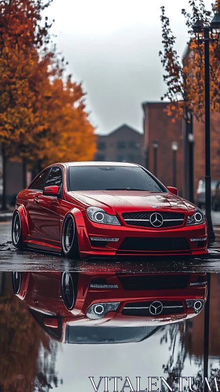 Red Mercedes coupe reflects in autumn rain-soaked street.