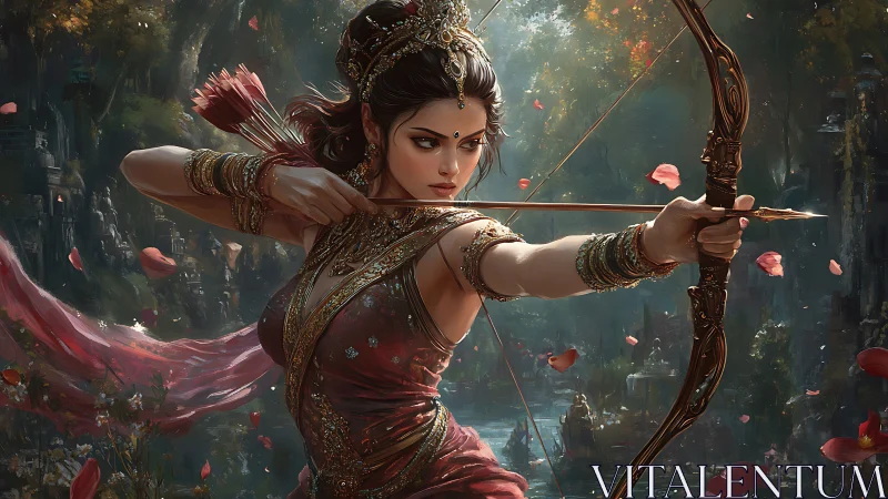 Warrior archer princess aiming arrow in lush forest temple.