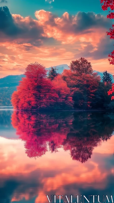 Crimson lakeside forest mirrors under blazing sunset sky.