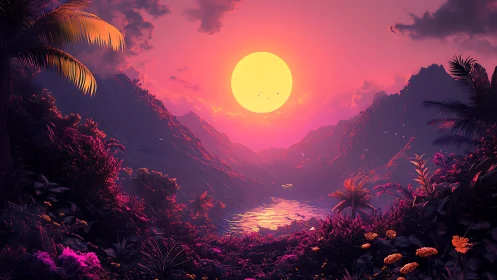 Neon jungle valley soaking in a molten candy sunset glow.