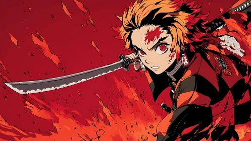 Stylized swordsman advances through red flame background