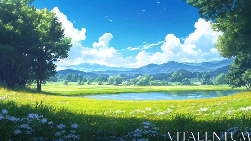 Luminous summer meadow and lake under distant blue mountains.