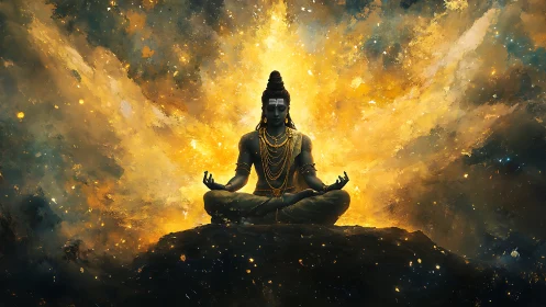 Cosmic meditative deity amid eruptive astral lightfield dynamics.