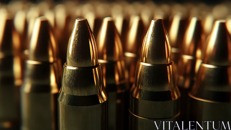 Close-up metallic bullets row with dramatic golden light.