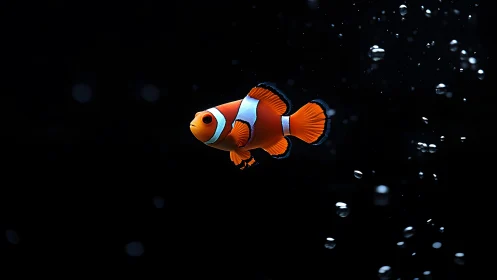 Vibrant Clownfish in Dark Water with Bubbles, Realistic Style.