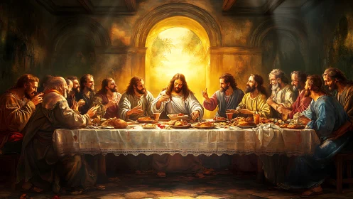 Illuminated final supper tableau in warm sacred glow.