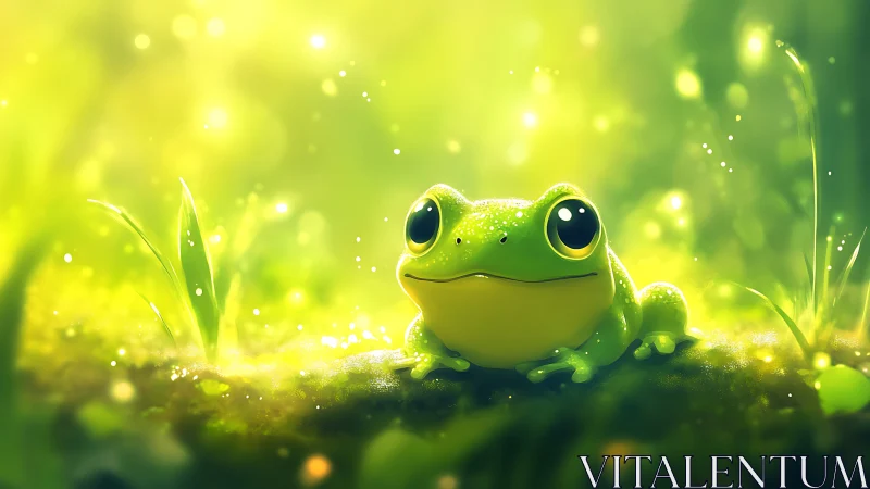 High-saturation macro frog portrait with bokeh-lit forest floor
