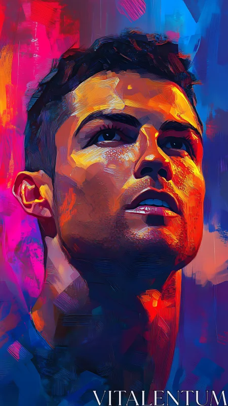 Neon-lit dreamer gazing upward in molten color storm.