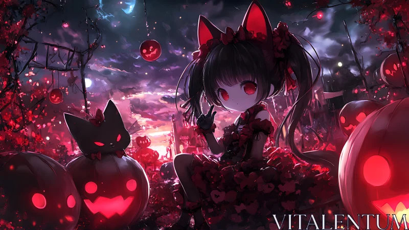 Gothic neko girl sits among glowing jack o lanterns