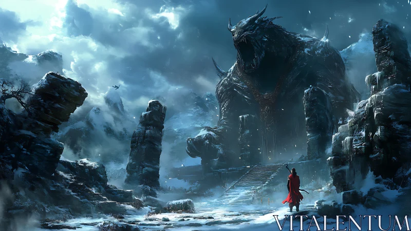 Warrior confronts colossal beast in frozen mountain pass