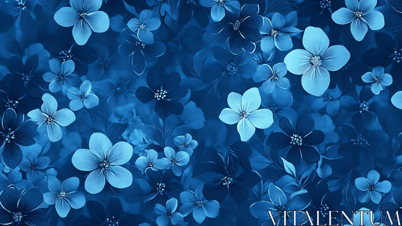 Monochromatic Blue Floral Composition with Layered Botanical Elements