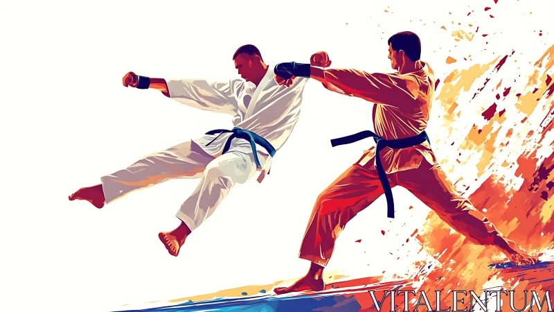 Dynamic karate duel with explosive modern paint strokes.