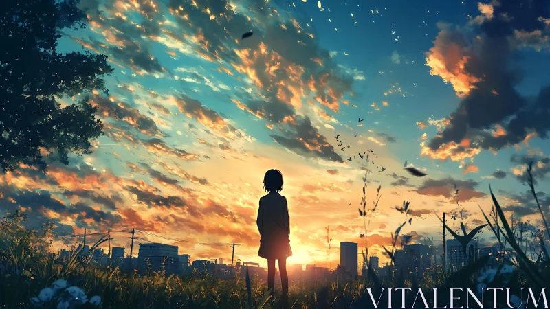 Silhouetted figure observes urban skyline under layered sunset sky