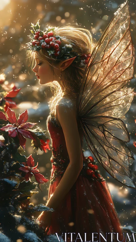 Winter fairy glows amid poinsettias and golden snowfall.