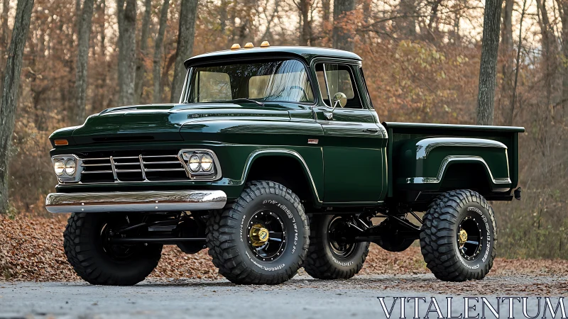 Photorealistic classic lifted pickup truck in autumn forest setting.