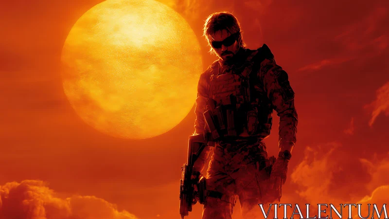 Armored soldier silhouette under oversized sun in saturated red haze